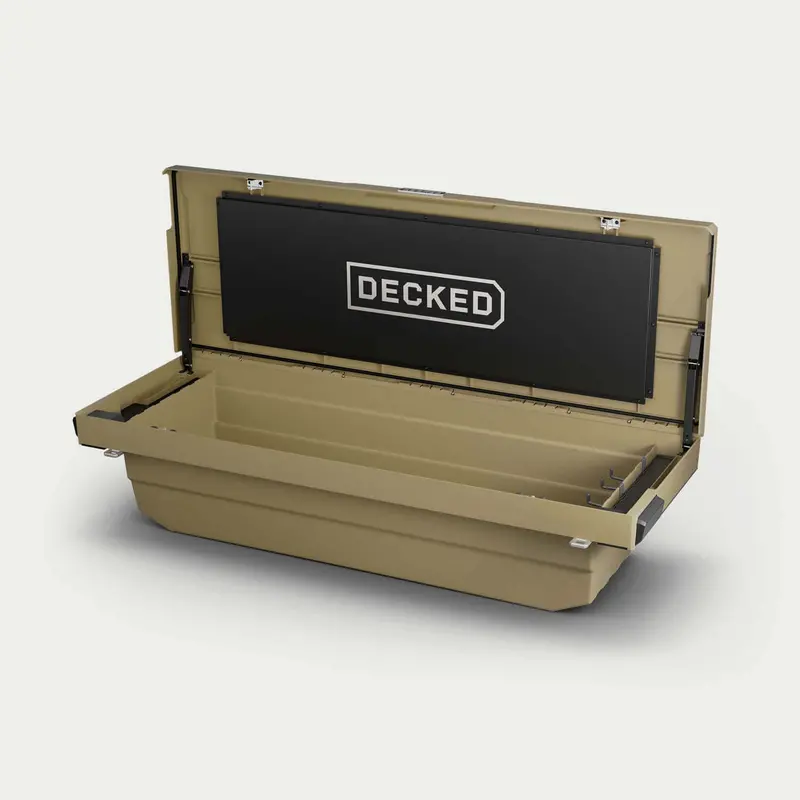 Decked - Truck Bed Tool Box - Tan - Includes Two (2) D-Ring Cargo Tie Downs And Two (2) Tool Tray Pads - Dtb2-Tan 1