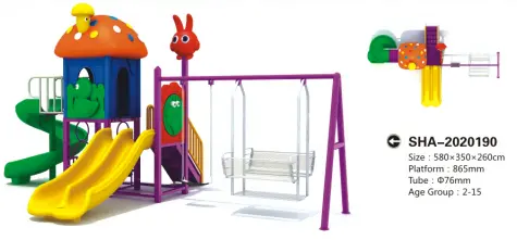 Gold Green And Yellow Outdoor Playground 3-Slider 1-Cradle And Mashroom Shape On The Roof 1