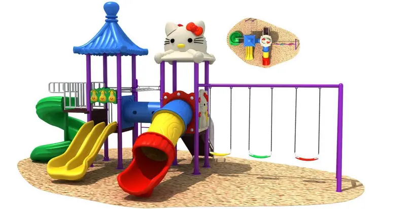 Gold Green And Yellow Outdoor Playground 4-Slide 3-Swing With Blue Roof 1