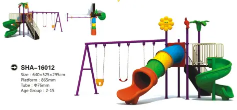 Gold Green-Yellow Outdoor Playground With 2-Slider 3-Swings And Some Plastic Birds Sitting On The Railings 1