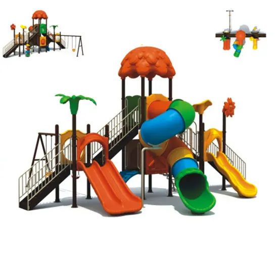 Gold Outdoor Three Slides With Three Swings Playground 1
