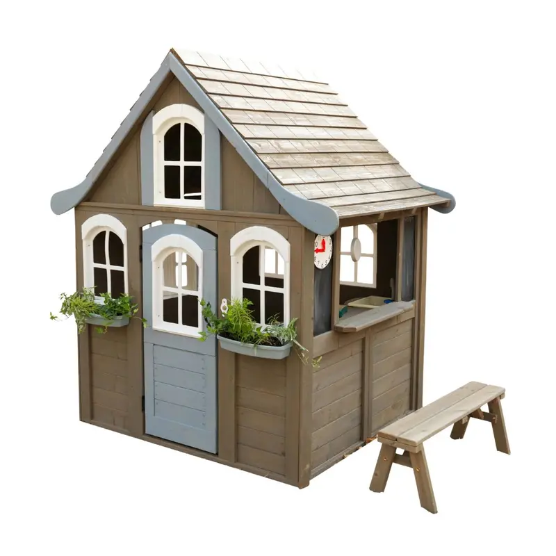 Kidkraft Forestview Ii Wooden Outdoor Playhouse With Kitchen, Chalkboard, Working Doorbell, Serving Window & Bench – Backyard Play For Kids Ages 3-10 1