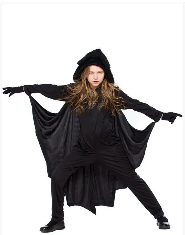Kids Halloween Costume - Black Bat Wings Hooded Cape With Gloves 1
