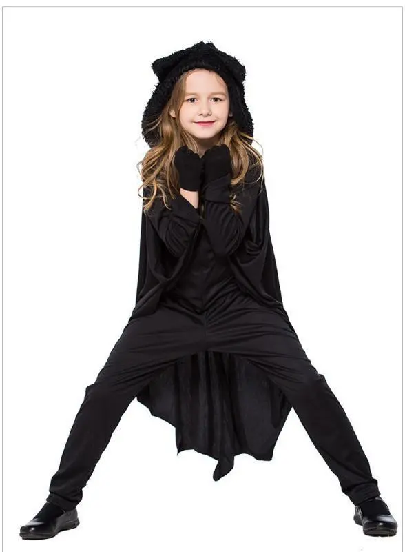 Kids Halloween Costume - Black Bat Wings Hooded Cape With Gloves 2
