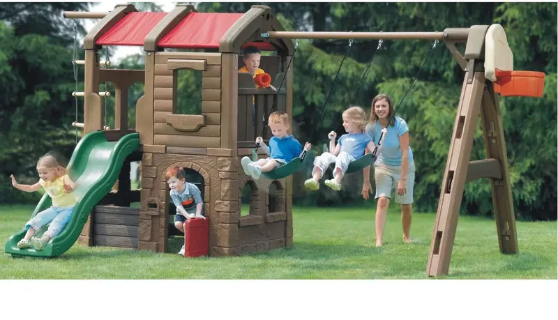 Special Design Two Swings, One Slide, Kids Play House, Climbing Rope And Basketball Net Playground 1
