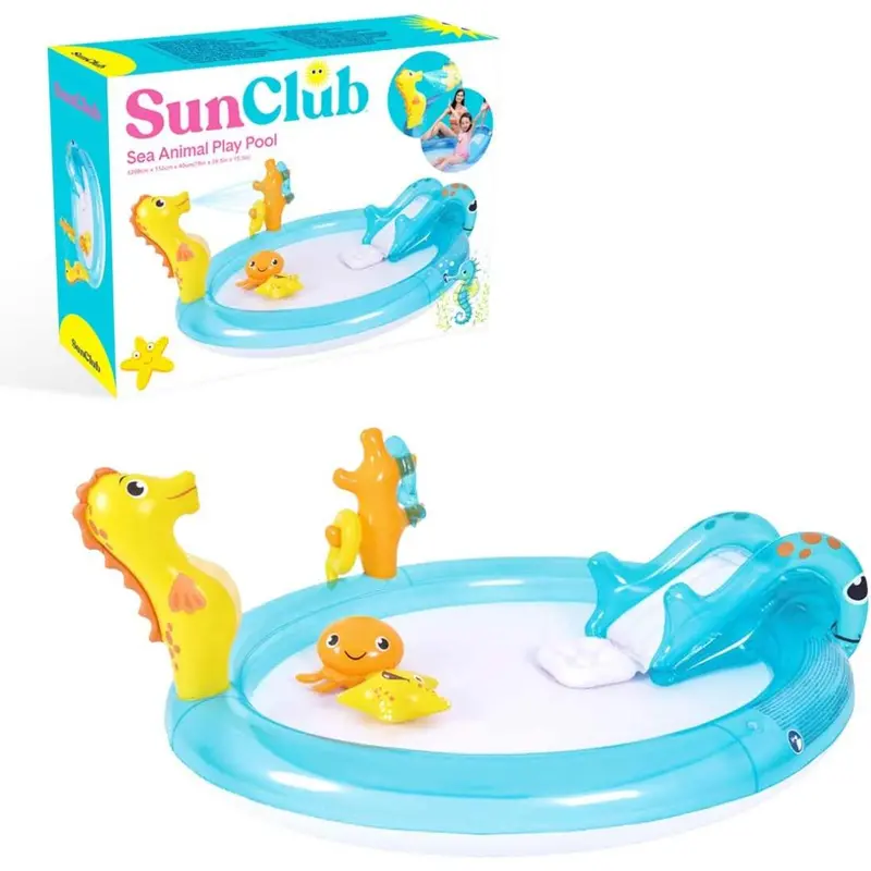 Sun Club Inflatable Water Pool With Slide Blow Up Sea Animal Play Swimming Pool, Water Spray/Ring Toss 1