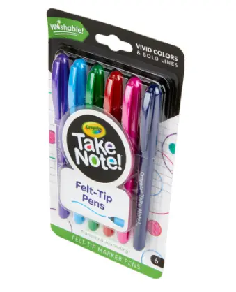Take Note Washable Felt Tip Pens, 6 Count 1