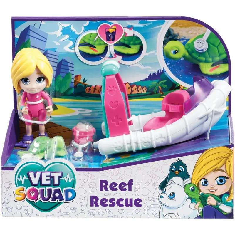 Vet Squad - Reef Rescue - Emily & Boat, 3 Inch Articulated Vet Figure With Vehicle, Pet And Accessories - Suitable For 4 Years And Above 1