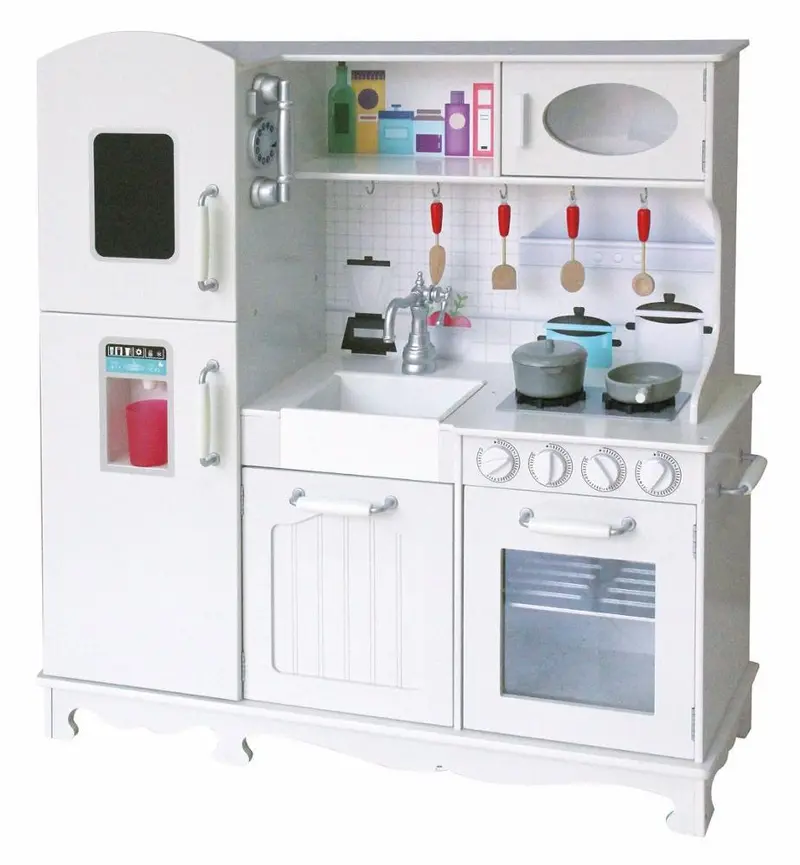 White Wooden Kitchen For Kids With Tools And Sound With Fixing 1